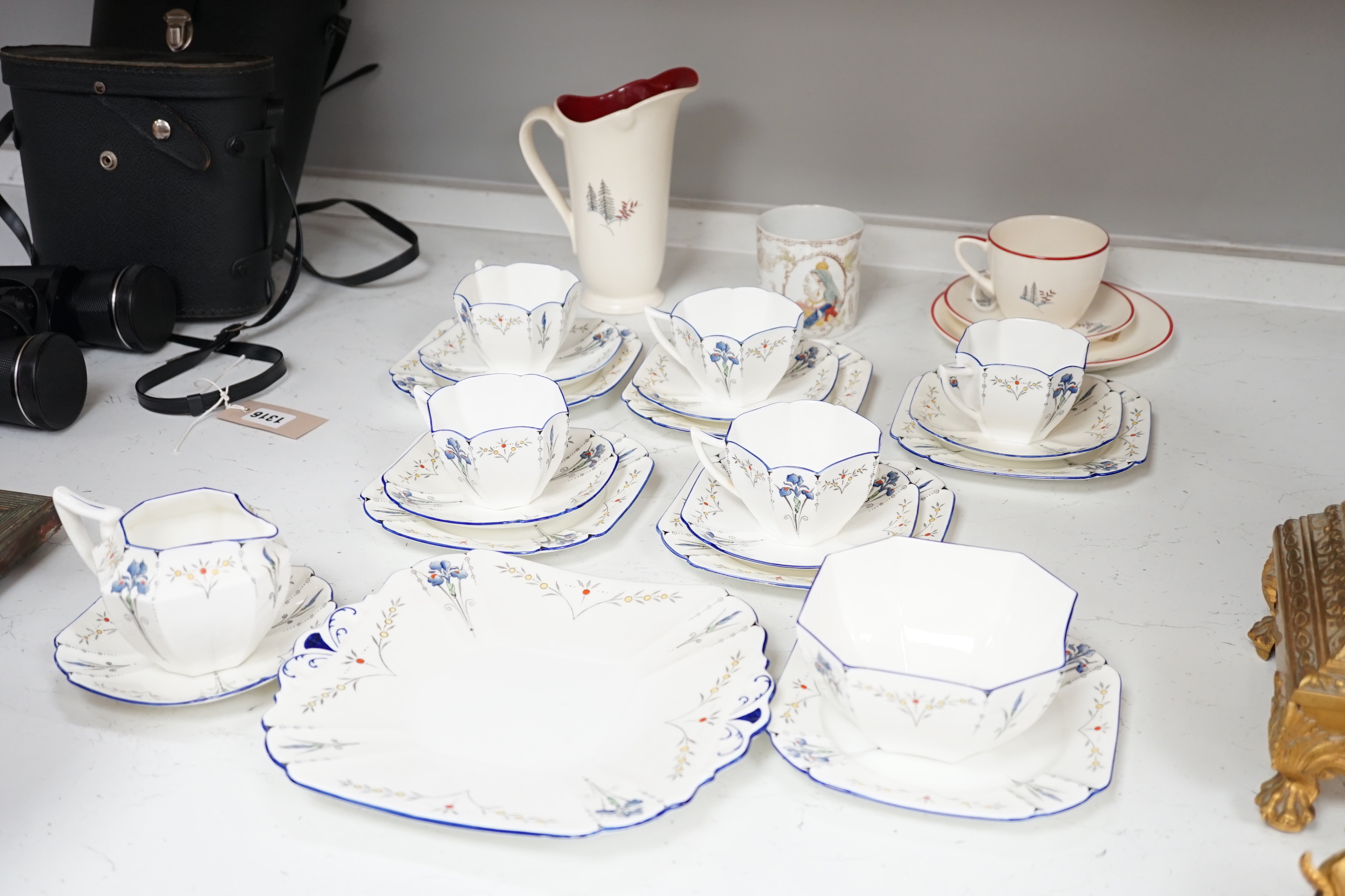 A Shelley Art Deco Blue Iris Queen Anne shape teaset and a Crown Devon cup, saucer, side plate and jug